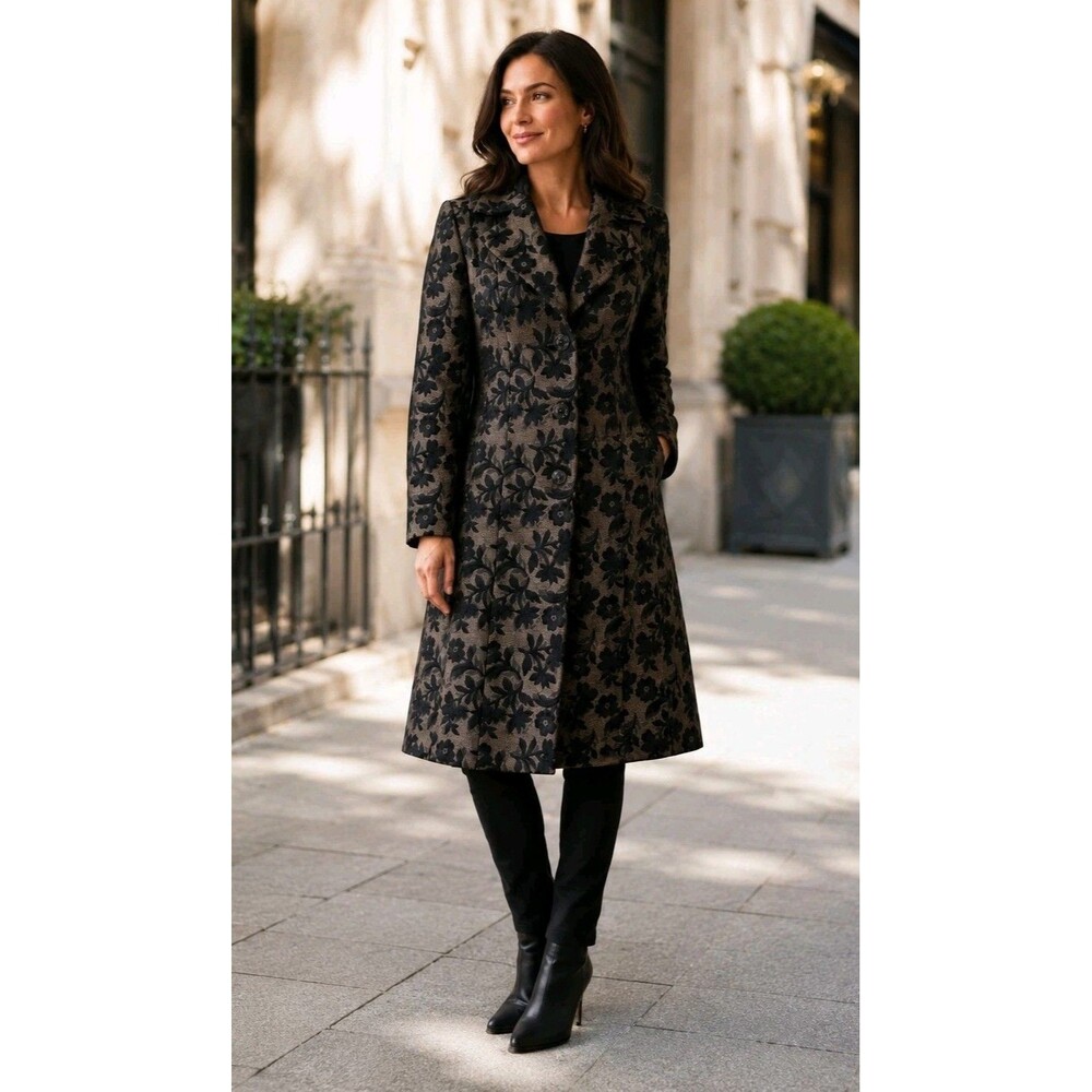 George Womens Size 6 Black Copper Floral Jacquard Brocade Long Coat